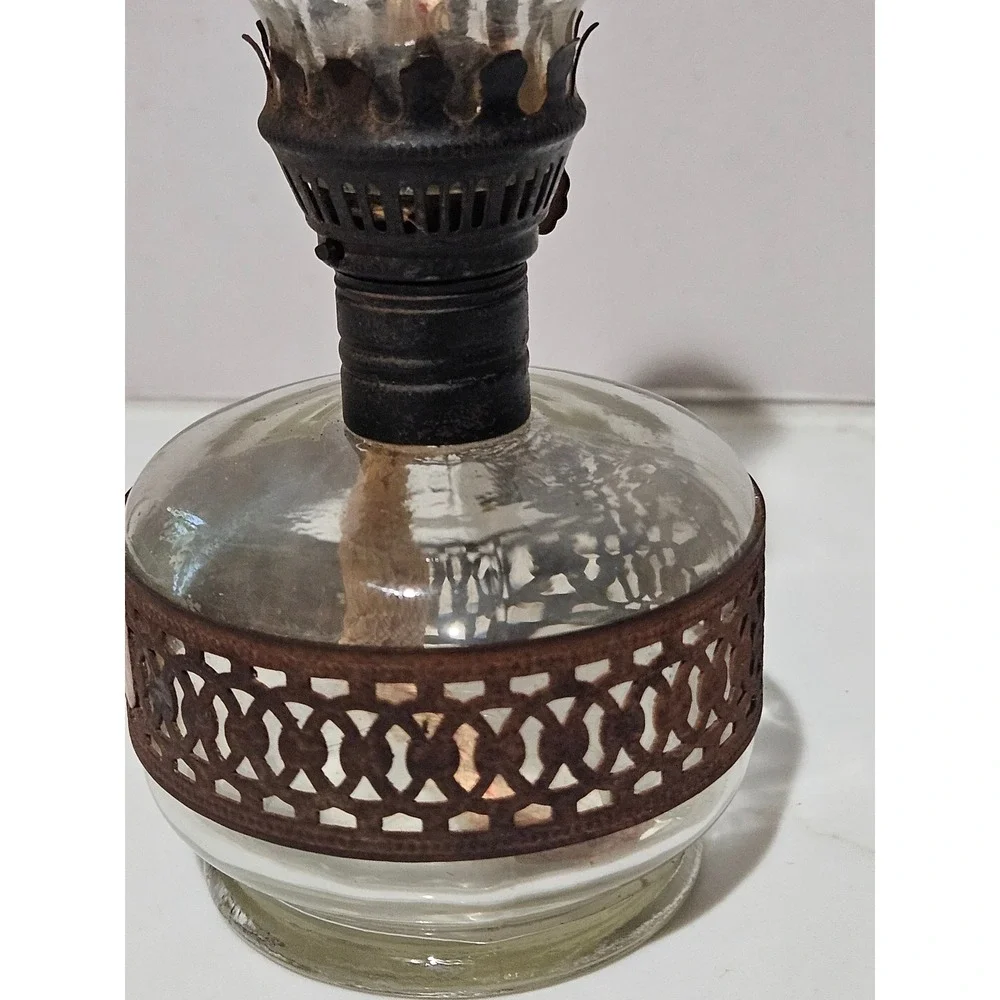 Vintage Miniature Glass Oil Lamp with Rusted Metal Filigree Band and Chimney